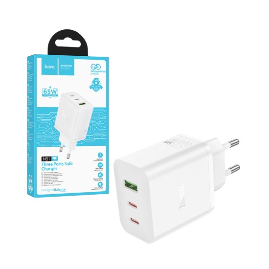 Hoco Adapter N51 Safe 3 Ports 1 USB+2 Type-C PD 65W White